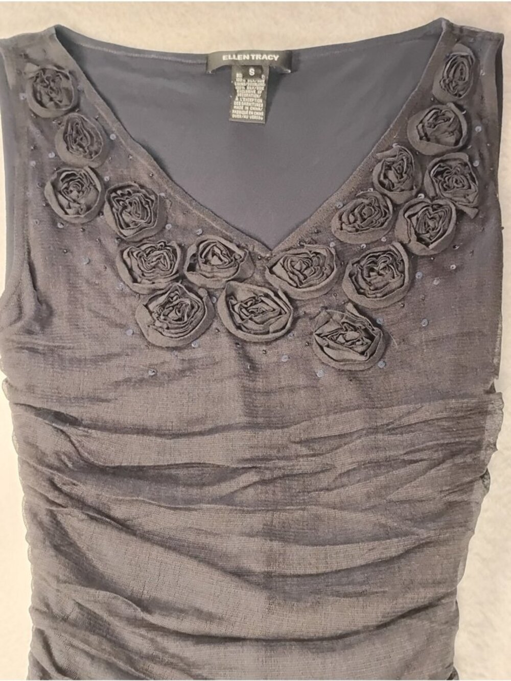 Ellen Tracy Silk Sequined Blouse Ruched Rosette Elegant Event Night Out Size S - Picture 2 of 9